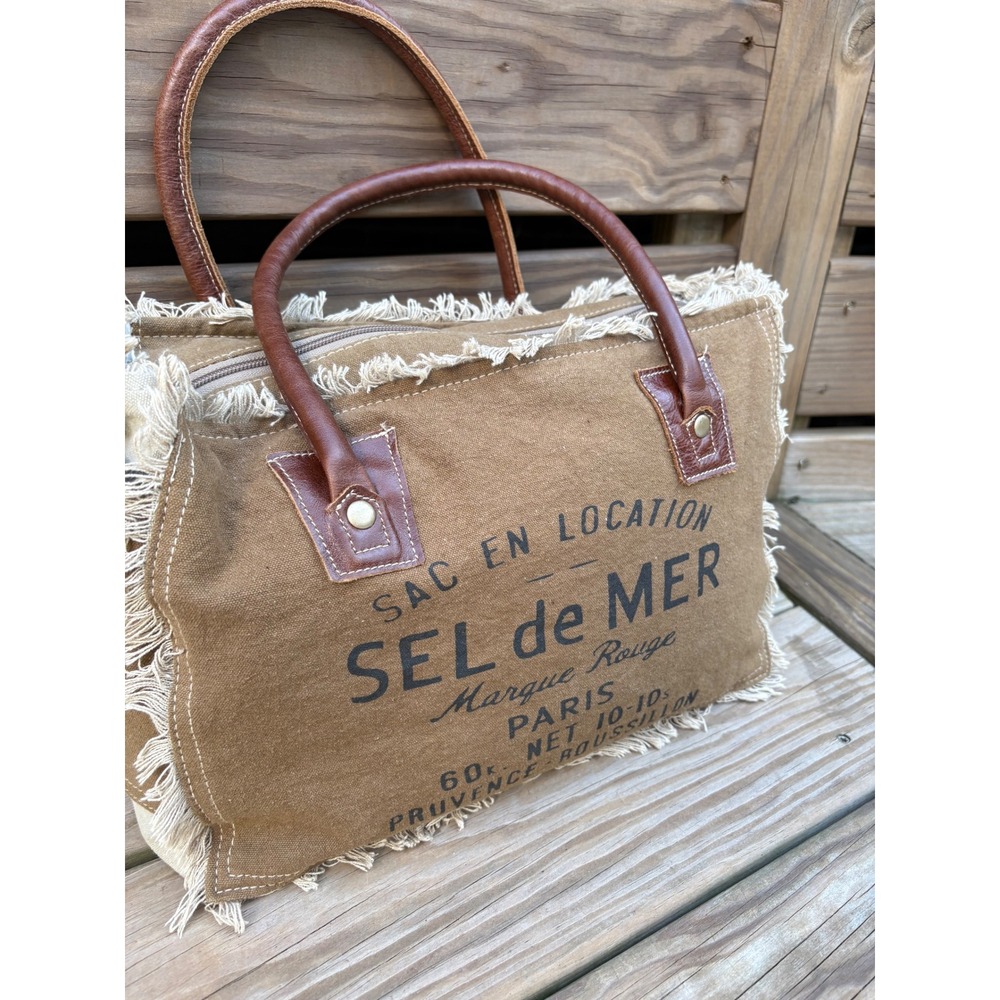 Myra S-1046  French Sel de Mer Canvas Tote Bag Genuine Leather Coastal Market